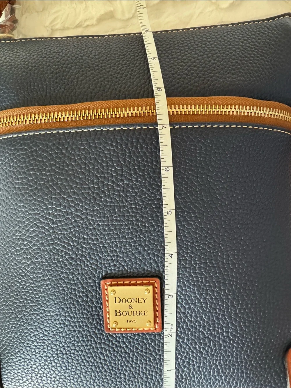 Dooney & Bourke Navy Pebble Leather Crossbody with Brown Trim and Gold Hardware